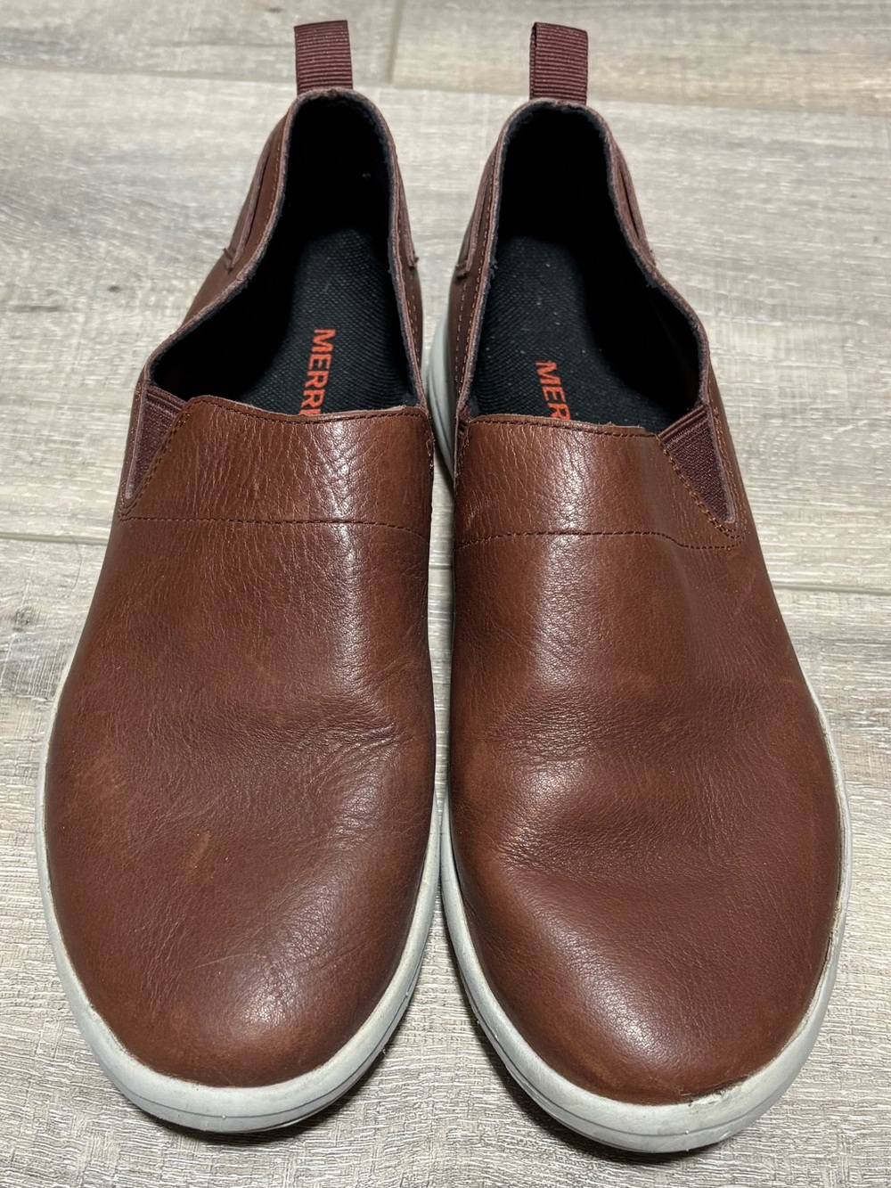 Merrell Women’s Slip-On Leather Loafers in Brown with White Sole